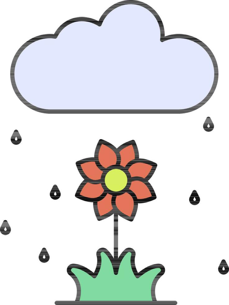 Colorful Flower Plant Under Rain Cloud Icon. vector