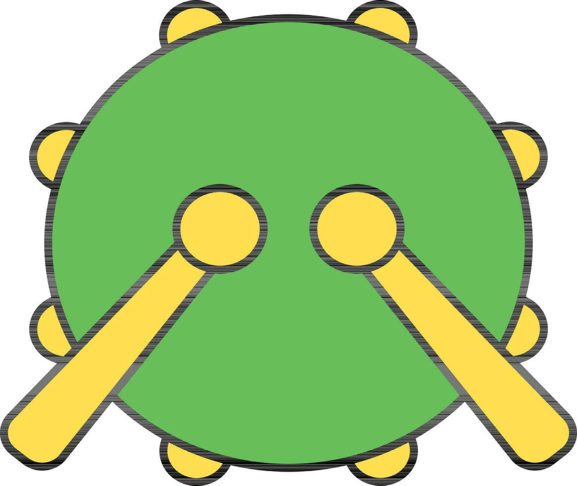 Tambourine Drum With Stick Icon In Green And Yellow Color. vector