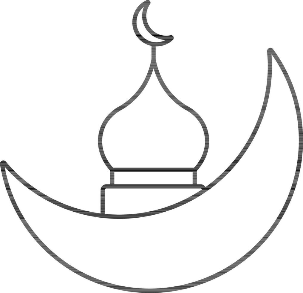 Black Outline Crescent Moon With Mosque Icon. vector