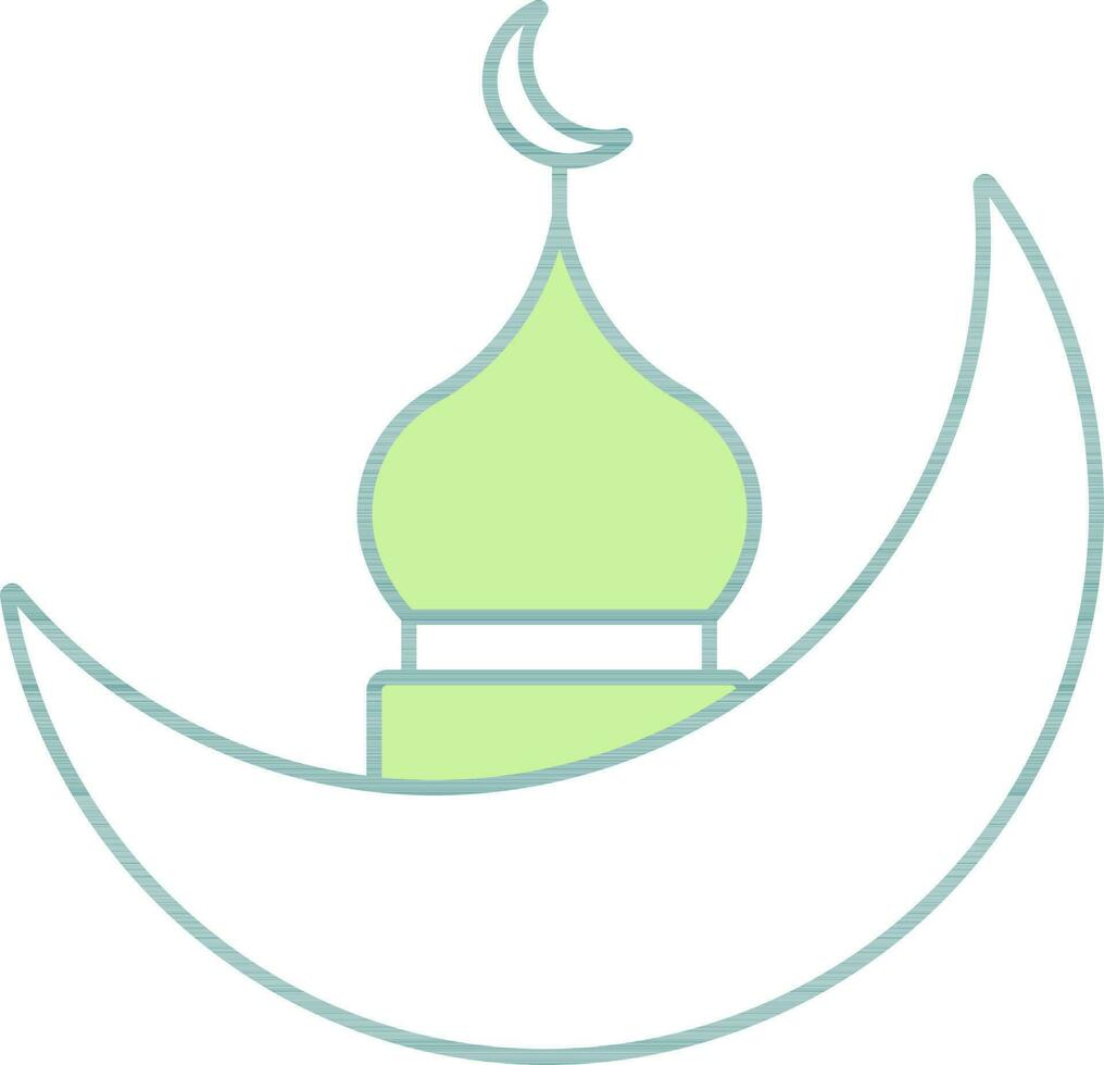 Green And White Crescent Moon With Mosque Icon. vector