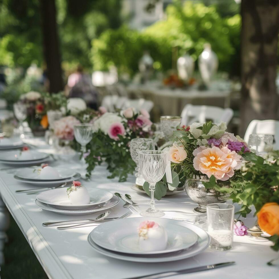 Table setting at a luxury wedding and Beautiful flowers on the table , generat ai photo