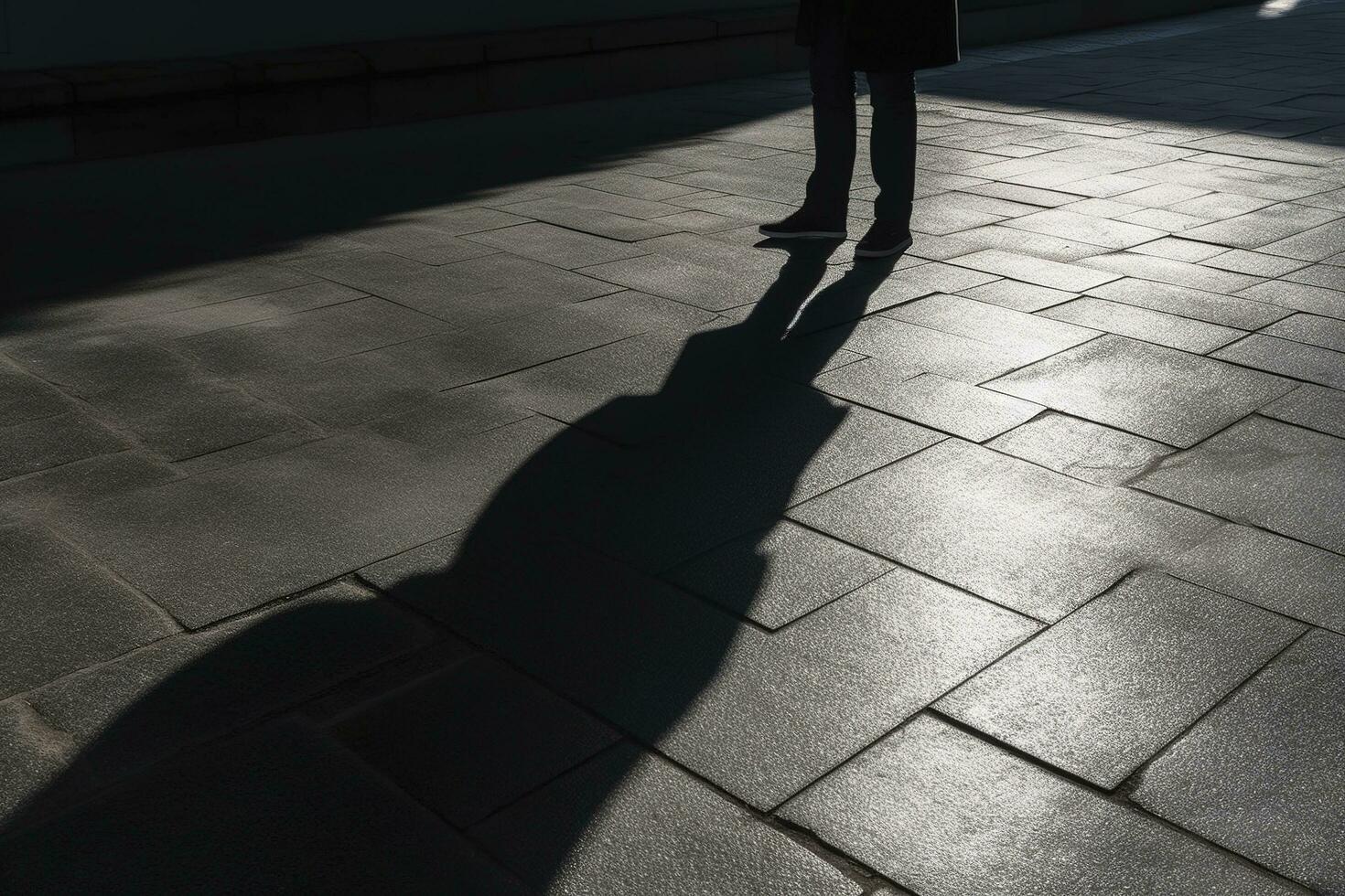 Dark shadow of a lonely person on the ground in the street. Stranger with a cigarette. Anxiety, depression, loneliness, fear concept, generate ai photo