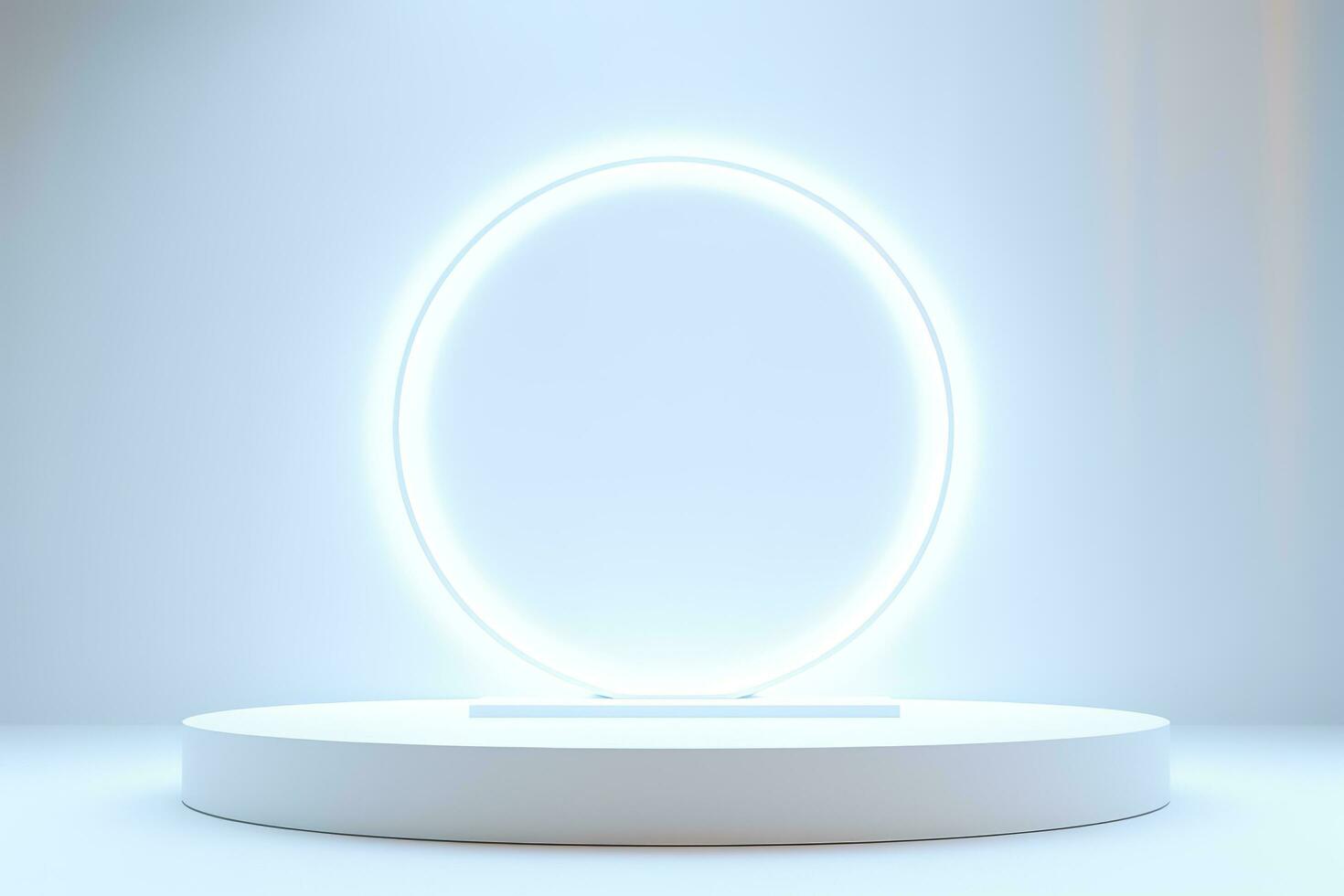 Abstract 3D silver cylinder pedestal podium floating on air with glowing neon ring background. Silver wall scene for product display presentation. rendering geometric platform, generate ai photo