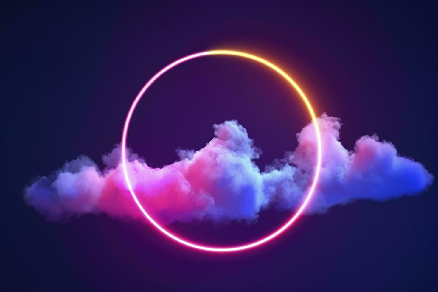 3d render, abstract cloud illuminated with neon light ring on dark night sky. Glowing geometric shape, round frame, generate ai photo
