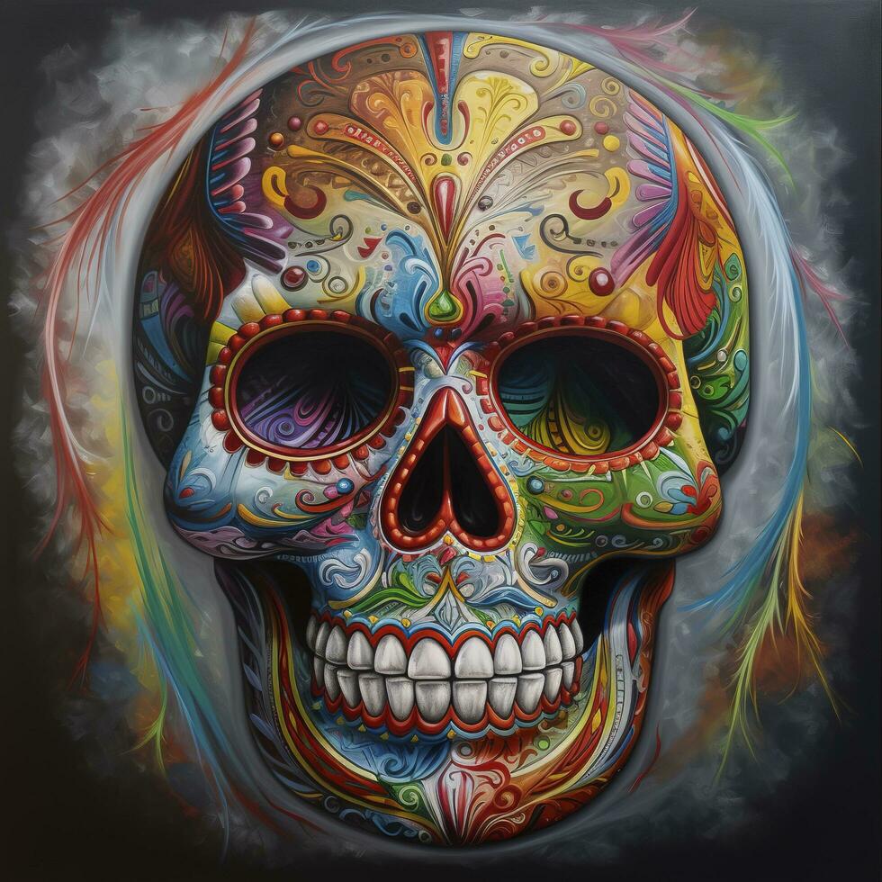 Day of the Dead skulls. Dia de los Muertos. Day of the Dead and Mexican Halloween background. Mexican tradition festival. Day of the dead sugar skull. Dia de los Muertos, generate ai photo