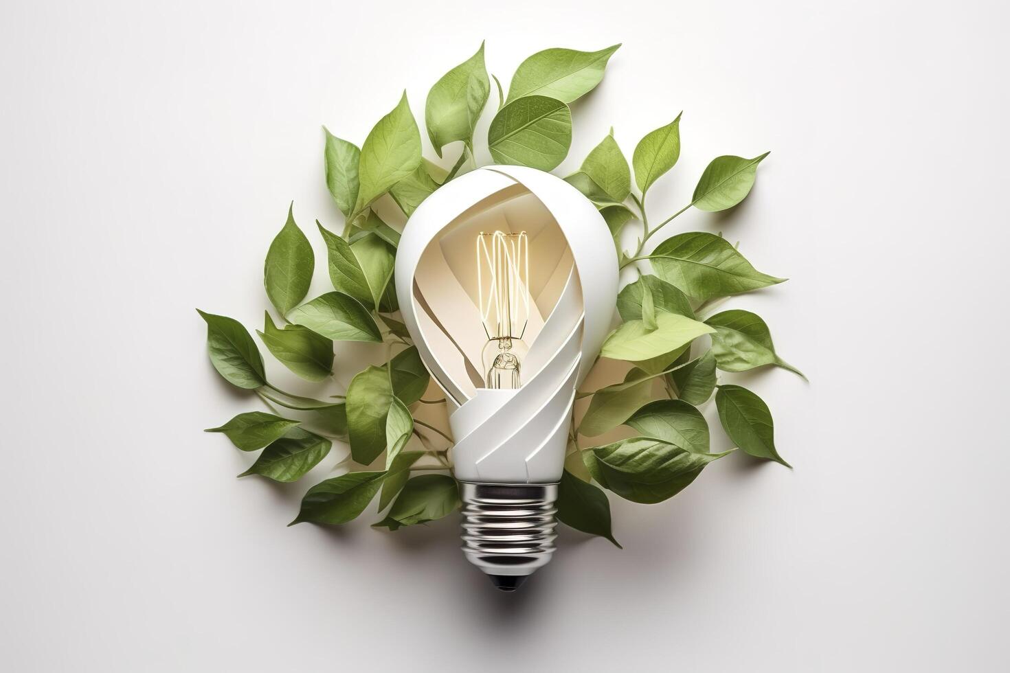 Eco-friendly lightbulb from fresh leaves top view, concept of Renewable Energy and Sustainable Living, created with technology photo