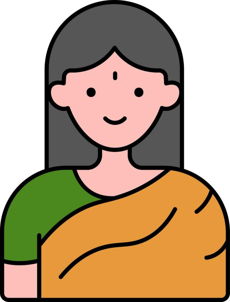 Young Indian Woman Wearing Traditional Dress Icon In Green And White Color. vector