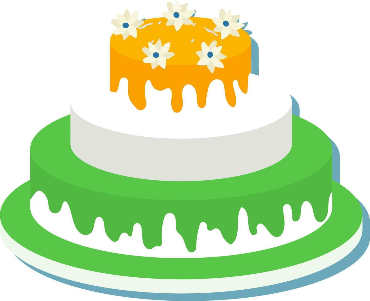 Beautiful Flowers Decorated Three Layer Cake Flat Icon In Tricolor. vector