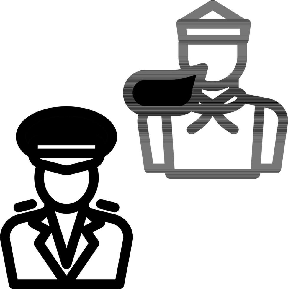 marinero hablando con capitán icono en negro y blanco color. vector