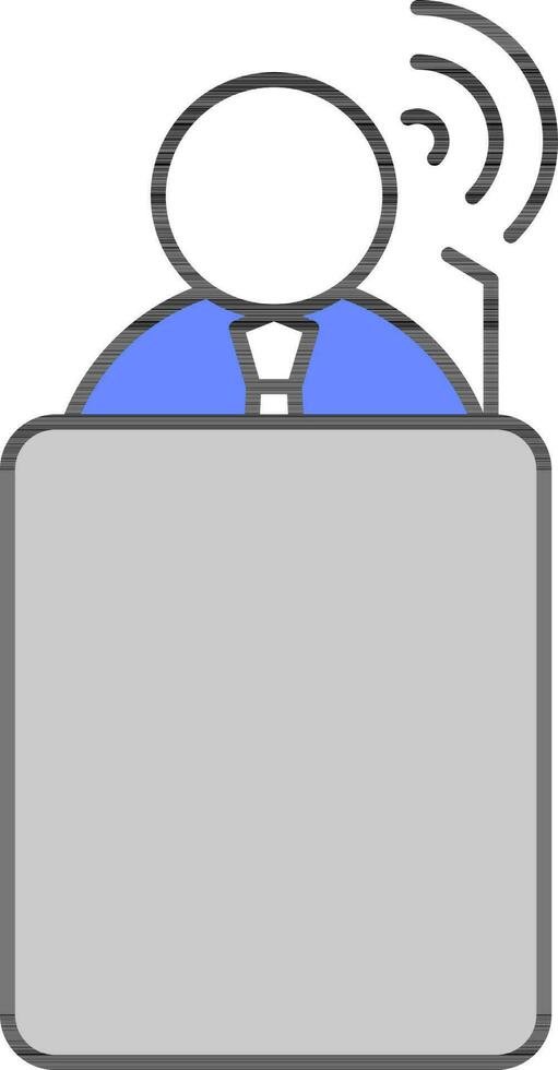 Cartoon Man Speaking Or Singing In Stage Podium Grey And Blue Icon. vector