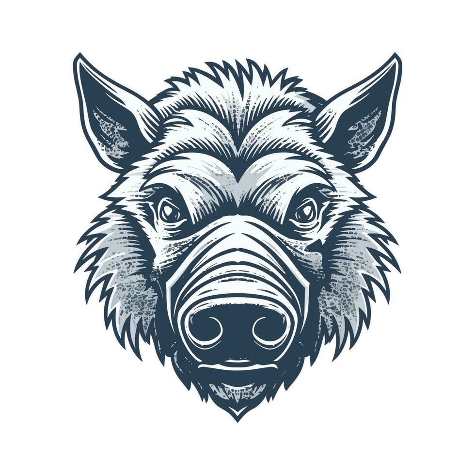 Wild pig angry face logo with two large tusks coming up from his closed mouth. Pig icon illustration drawing. vector