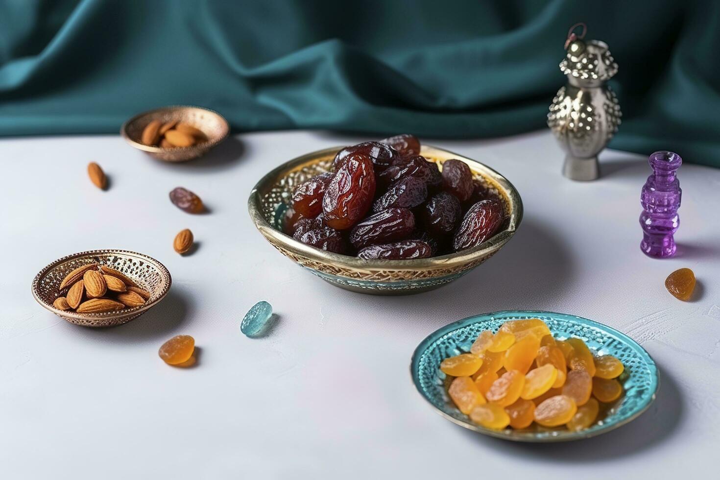 Eid al-Fitr holiday concept with sweet dried dates, fruits and decorations on bright background. Top view from above, generate ai photo