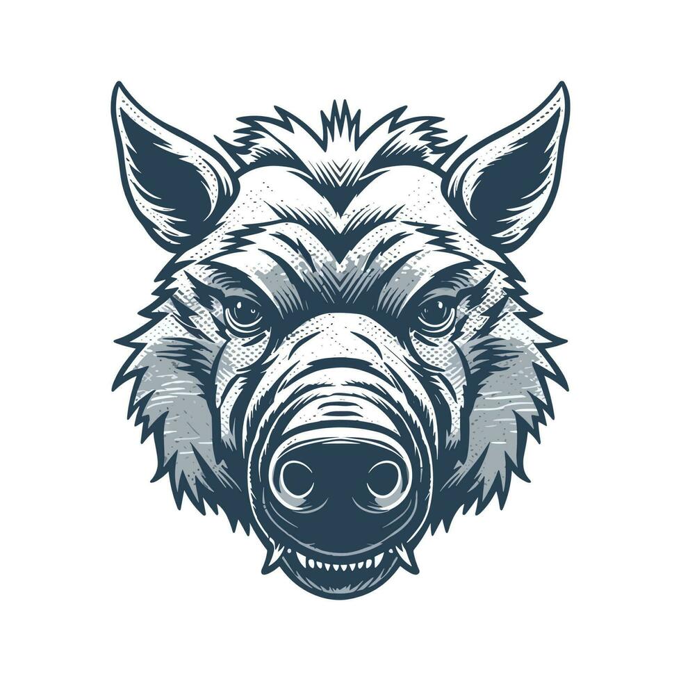 Wild pig angry face logo with two large tusks coming up from his closed mouth. Pig icon illustration drawing. vector