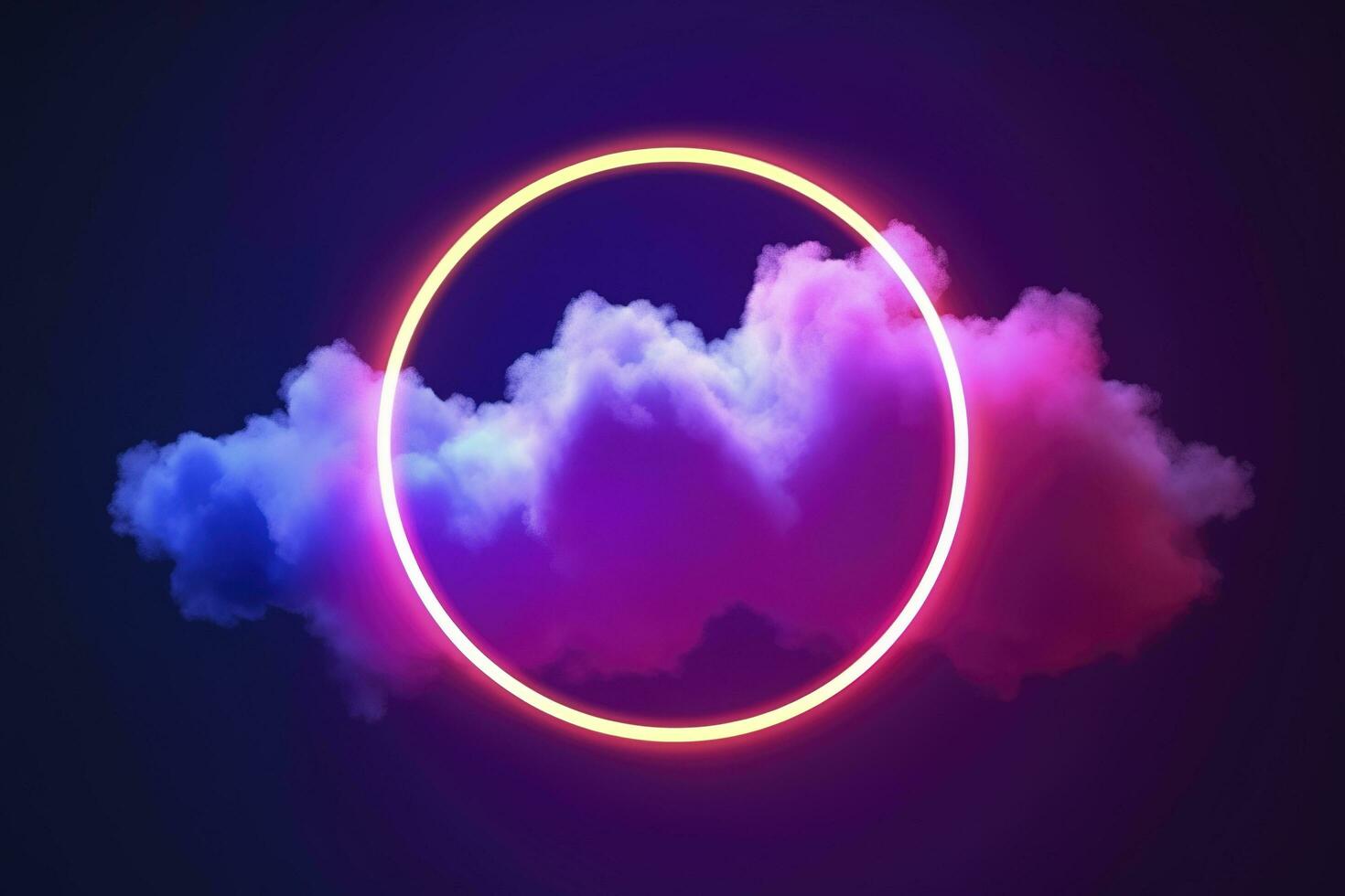 3d render, abstract cloud illuminated with neon light ring on dark night sky. Glowing geometric shape, round frame, generate ai photo