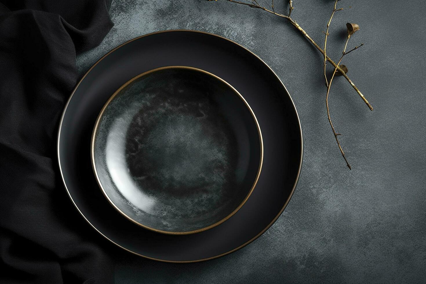 Black craft plate on dark stone table. Top view, copy space, Table setting. background for menu, layout, place for text , recipe background, food flat lay background, generate ai photo