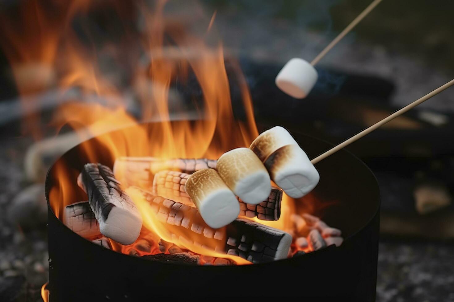 burning fire in a compact grill, wood logs engulfed in red flames, closeup of fry marshmallows on fire, smoke rises, concept of fun party, cooking delicacy outdoors, generate ai photo