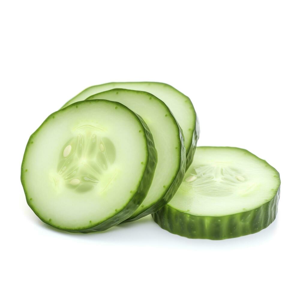 Sliced cucumber isolated on white background with clipping path and full depth of field, Top view. Flat lay, generate ai photo