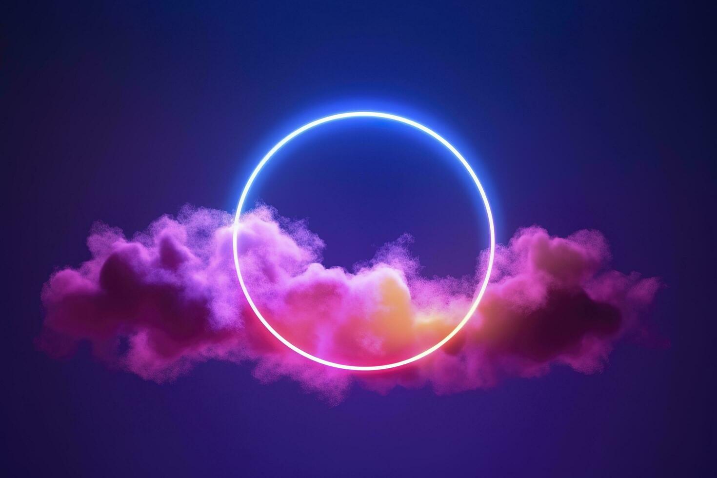3d render, abstract cloud illuminated with neon light ring on dark night sky. Glowing geometric shape, round frame, generate ai photo