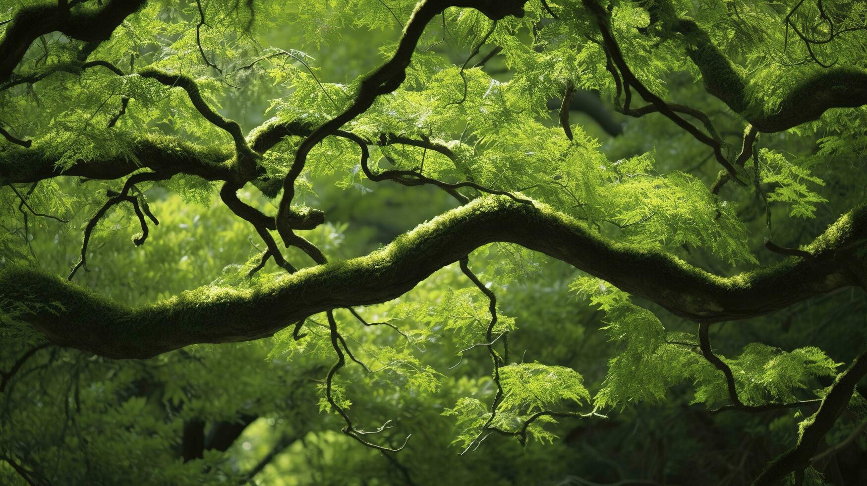 Earth Day and World Environment Day, Spring, Tropical tree leaves and branch with beautiful green forest background, generate ai photo