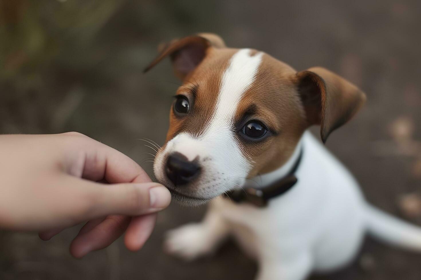 Cheerful puppy Jack Russell terrier playfully biting the fingers of its owner, generate ai photo