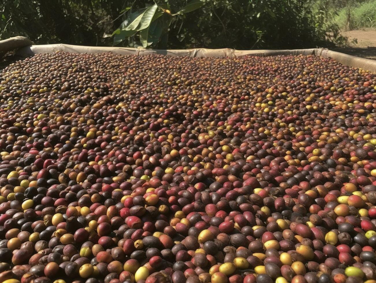 etíope rojo y verde café cerezas acostado a seco en el Dom. esta proceso es el natural proceso. buena zuria, Etiopía, generar ai foto