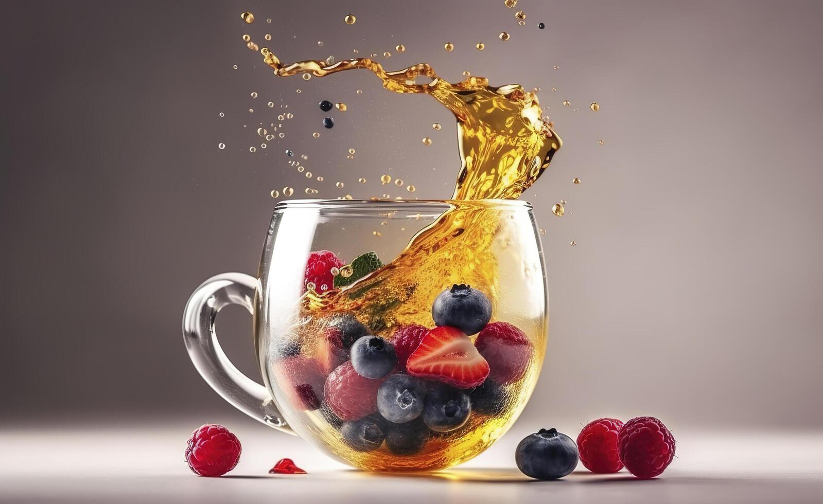 Magic tea concept, levitating effect. Flying ingredients for herbal tea with honey and berries. Tea in transparent glass tea cup, levitation. image photo