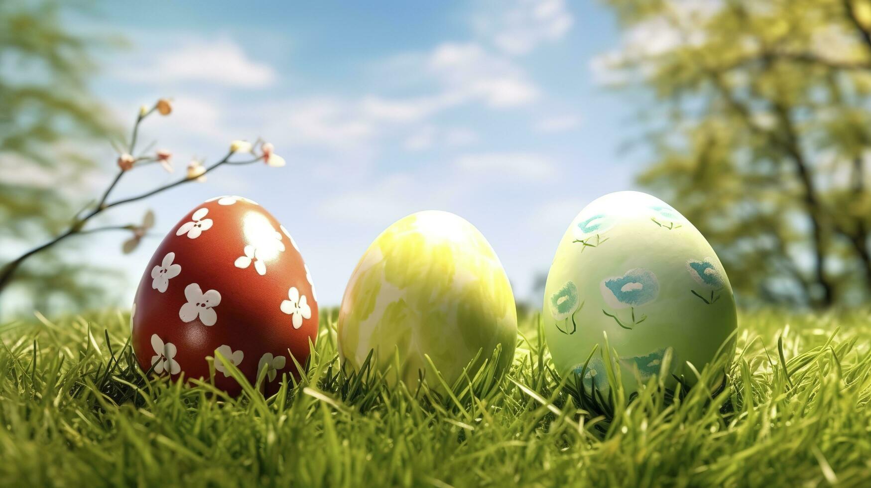 Photo of colored easter eggs laying in grass outside, generate ai