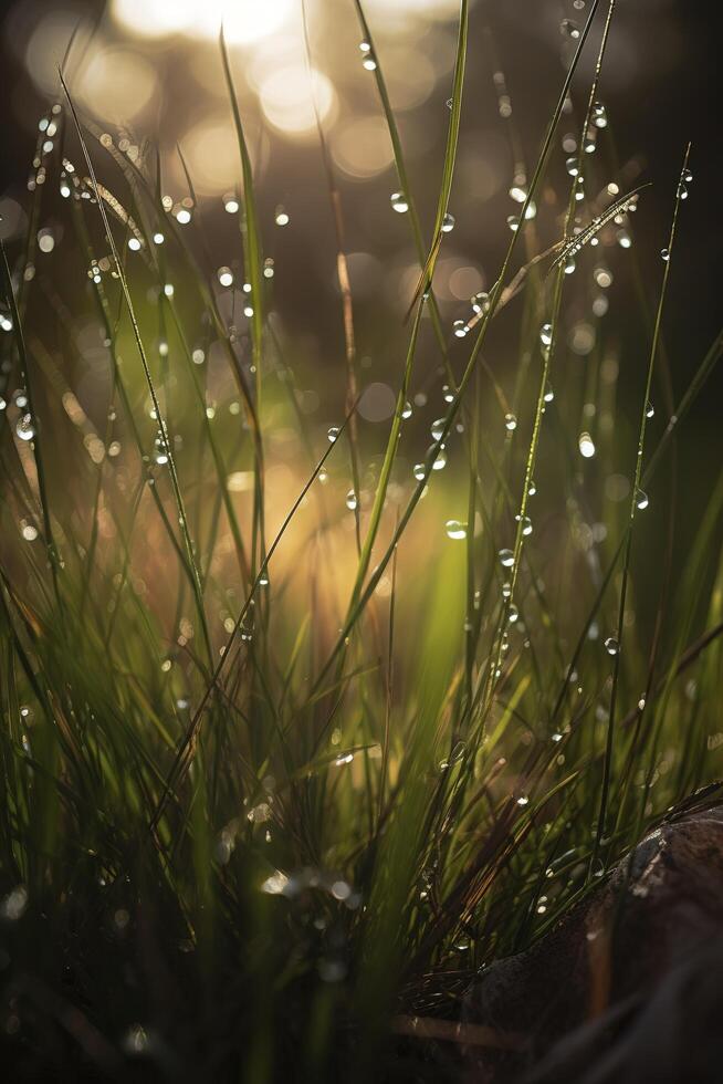 a close up of grass with dew drops on it and a blurry background of the grass and the sun shining through the drops of the grass on the grass is a sunny day light. photo