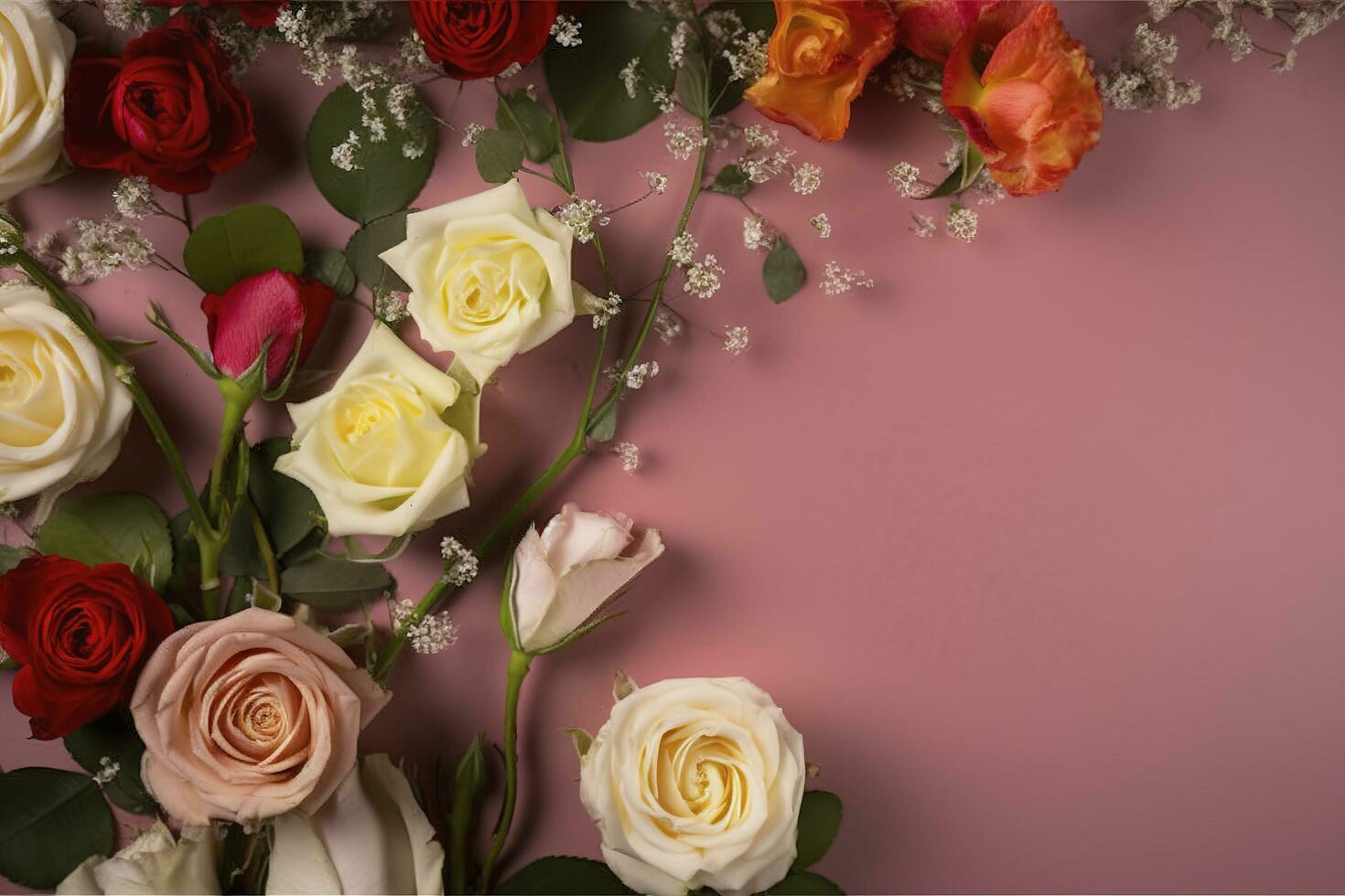 Roses Flower Arrangement, Copy Space, Flat Lay , generate ai photo