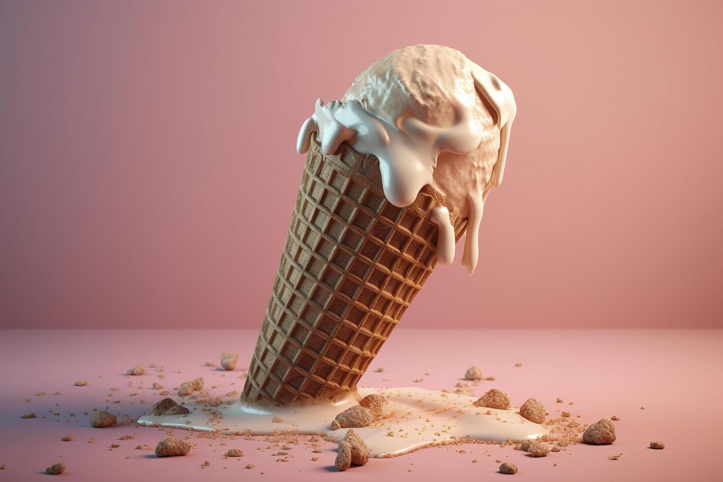 Melting ice cream cone. Created with technology. photo