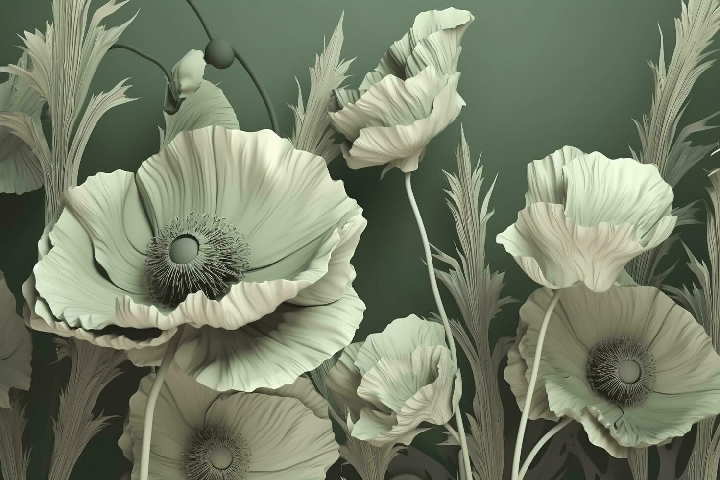 Luxury botanical background with trendy greenery and poppy flower. Vintage foliage background. For wedding invitation, wall art or card template. Minimal line , generate ai photo
