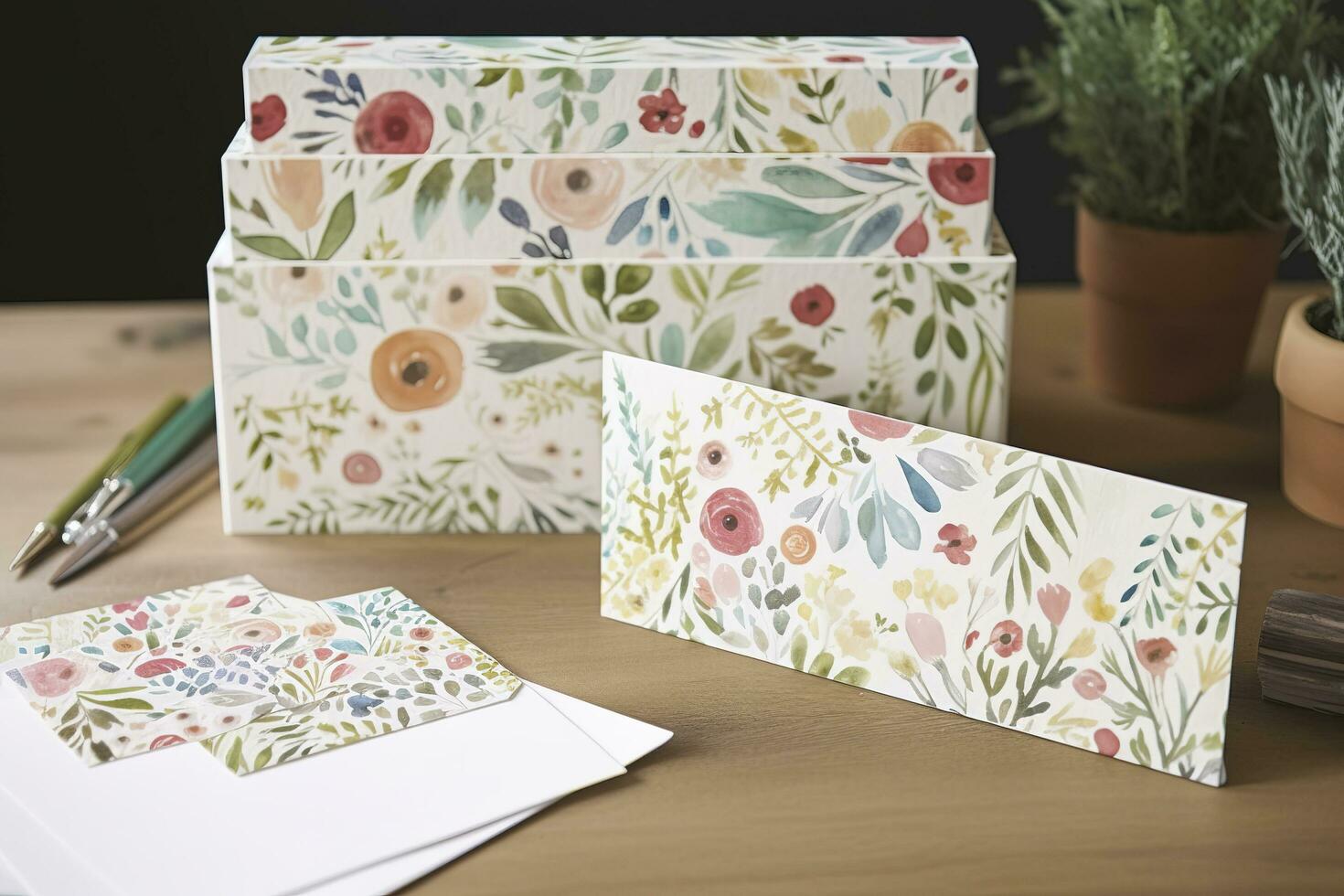 crear un conjunto de acuarela floral estampado papelería ese incluye tarjetas de nota, sobres, y membretes, generar ai foto