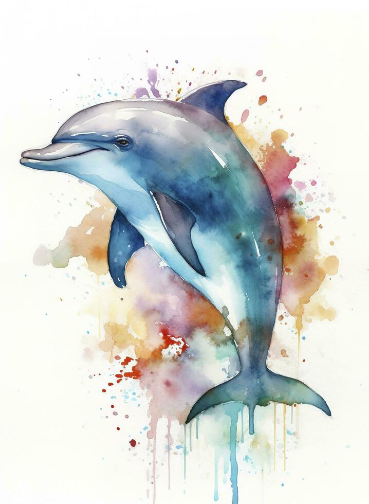Cute jumping baby dolphin watercolor illustration, generate ai photo