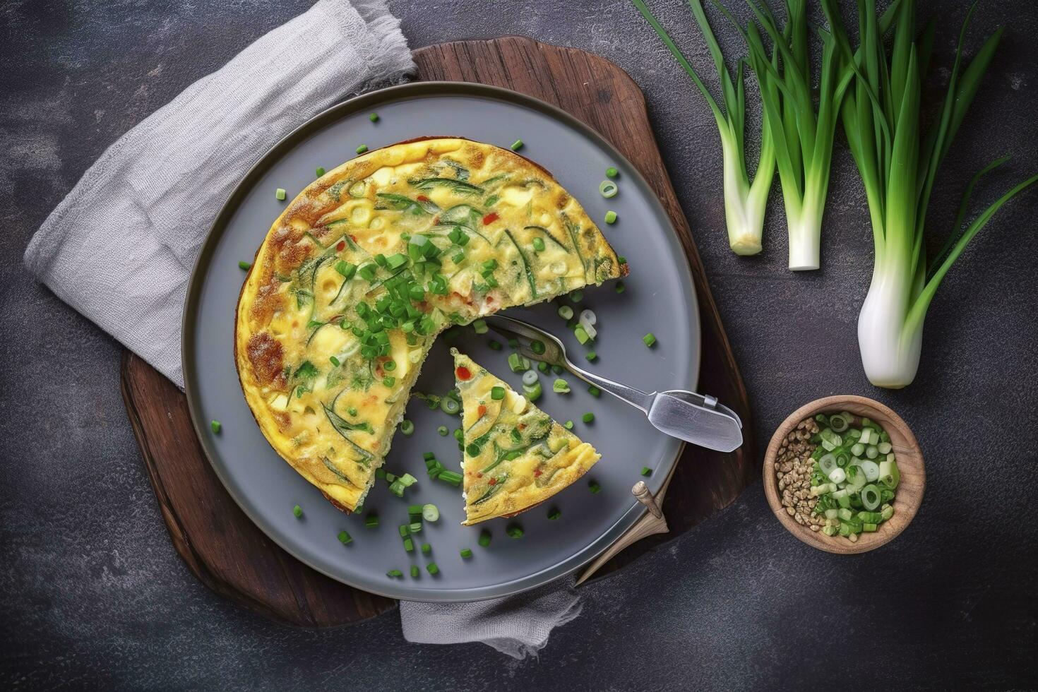 Traditional Italian vegetable frittata with zucchini, spring onion and cheese served as a top view on a Nordic design plate with copy space, generate ai photo