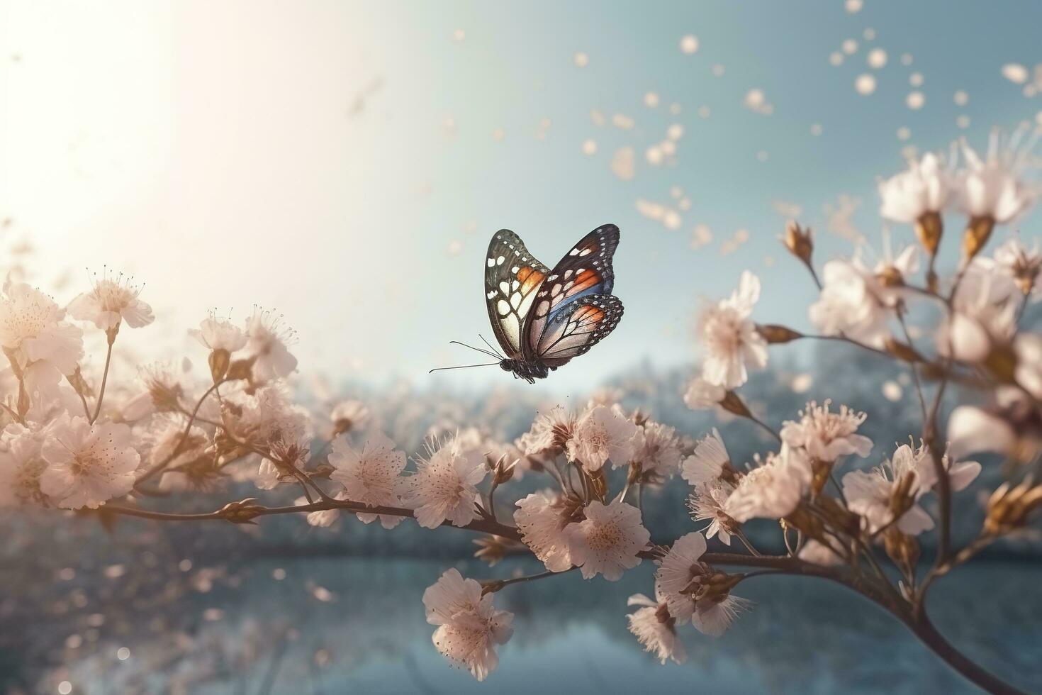 Spring banner, branches of blossoming cherry against the background of blue sky, and butterflies on nature outdoors. Pink sakura flowers, dreamy romantic image spring, landscape panorama, generate ai photo