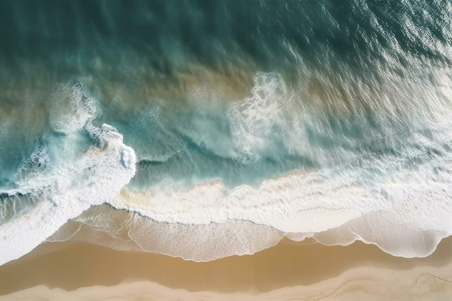 Oceano olas en el playa como un antecedentes. hermosa natural verano vacaciones Días festivos antecedentes. aéreo parte superior abajo ver de playa y mar con azul agua ondas, generar ai foto