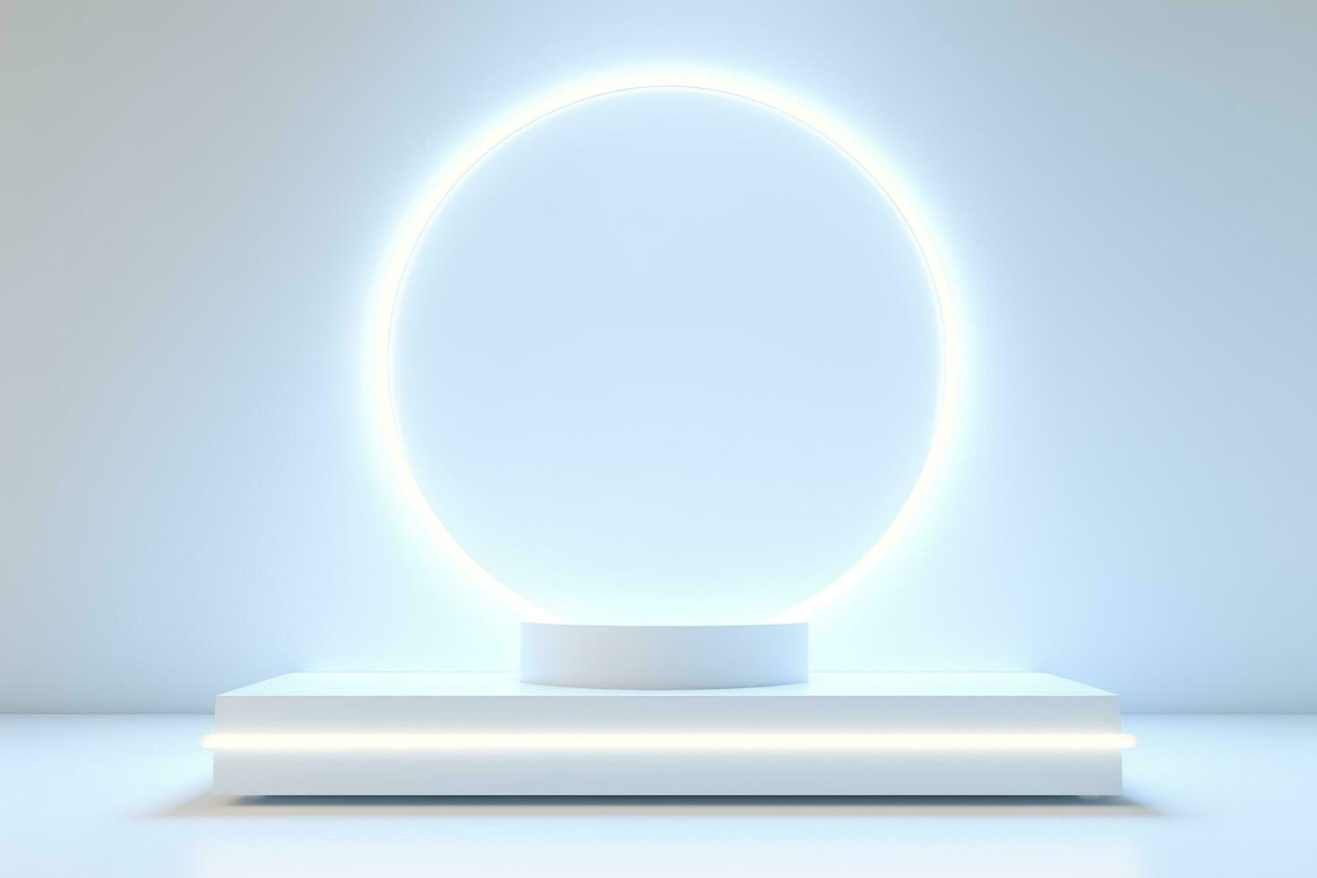 Abstract 3D silver cylinder pedestal podium floating on air with glowing neon ring background. Silver wall scene for product display presentation. rendering geometric platform, generate ai photo