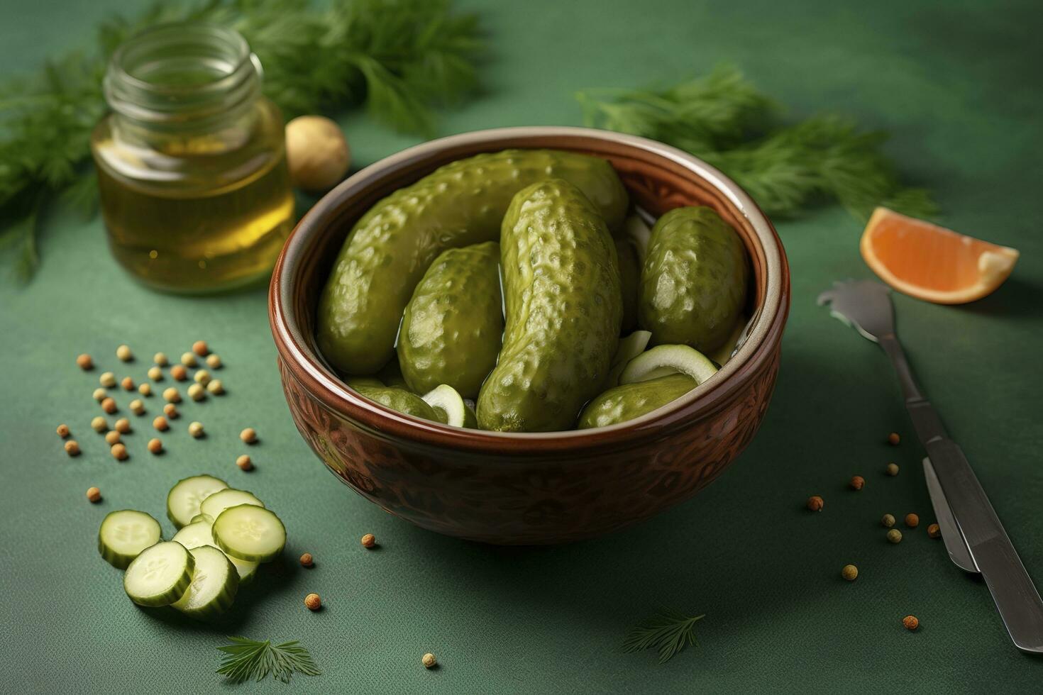 Bowl with tasty fermented cucumbers and ingredients on green background, generate ai photo
