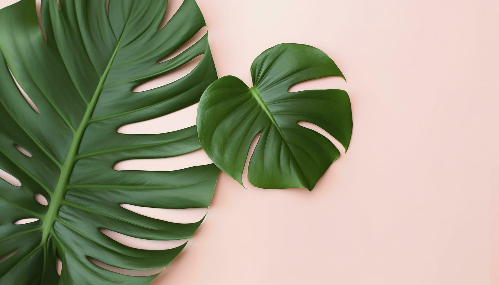 Beautiful tropical palm monstera leaves branch isolated on bright pink background, top view, flat lay, overhead above summer beauty blank design concept , generate ai photo