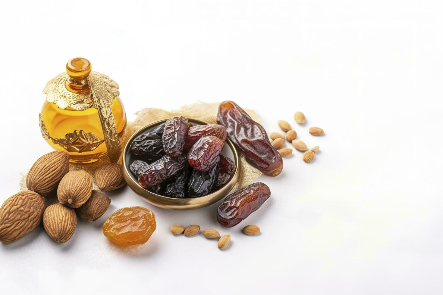 Eid al-Fitr holiday concept with sweet dried dates, fruits and decorations on bright background. Top view from above, generate ai photo