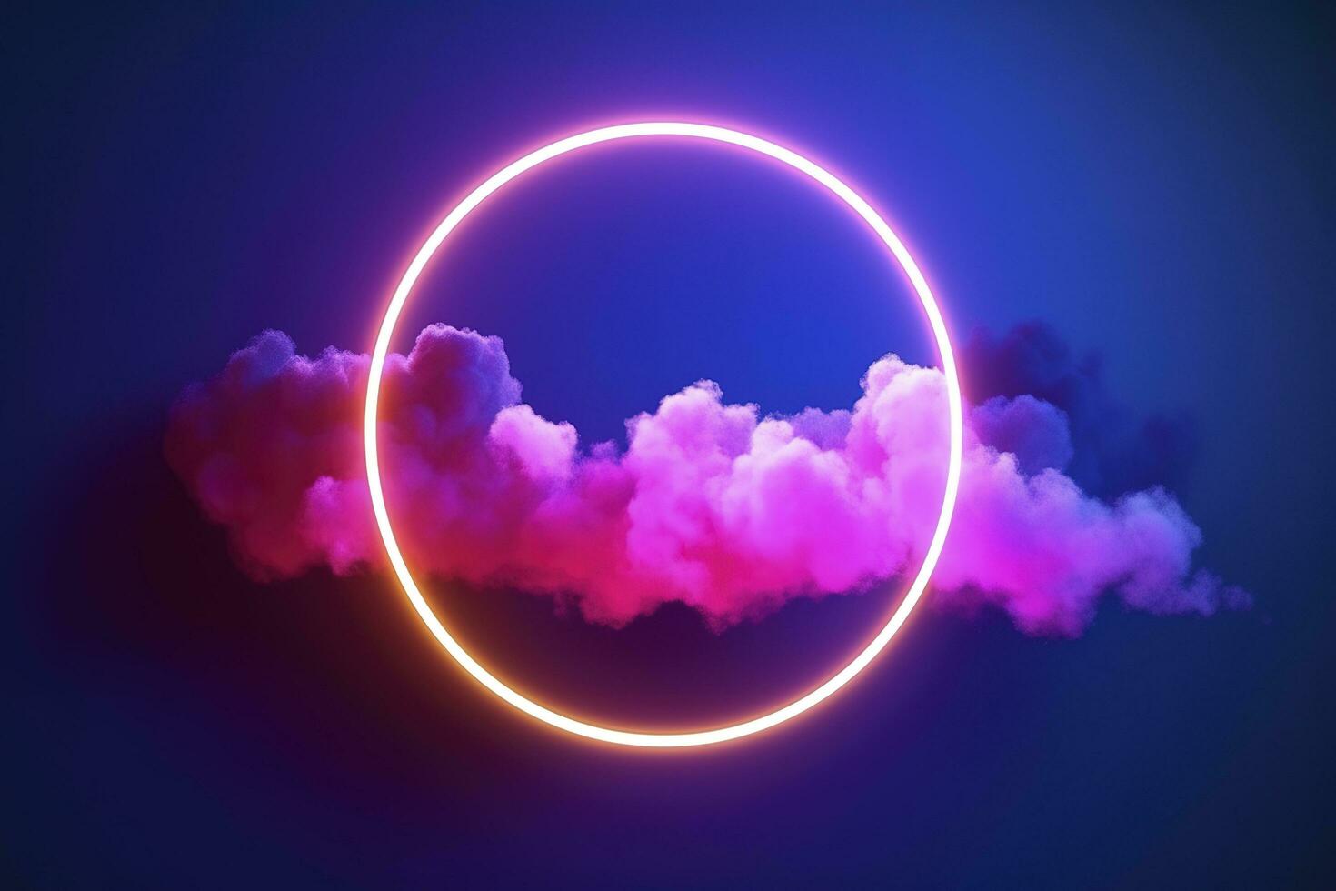 3d render, abstract cloud illuminated with neon light ring on dark night sky. Glowing geometric shape, round frame, generate ai photo