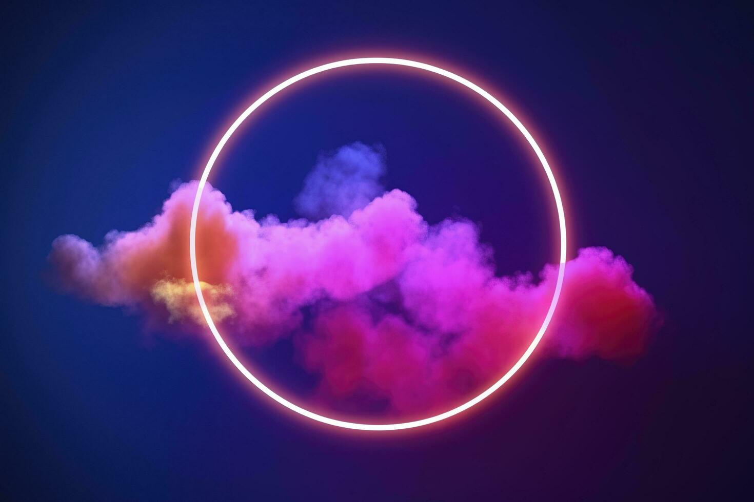 3d render, abstract cloud illuminated with neon light ring on dark night sky. Glowing geometric shape, round frame, generate ai photo