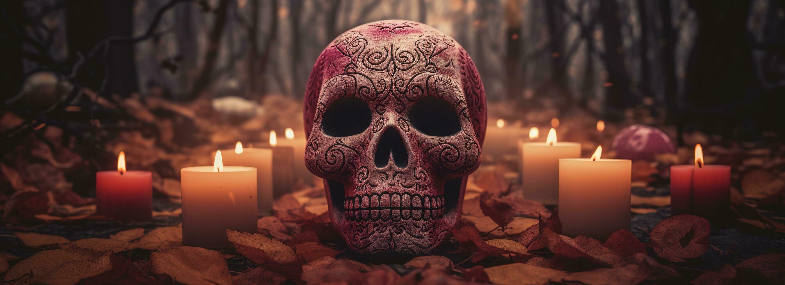 Day of the Dead skulls. Dia de los muertos. Day of the dead and mexican Halloween background. Mexican tradition festival. Day of the dead sugar skull. Dia de los Muertos, generate ai photo