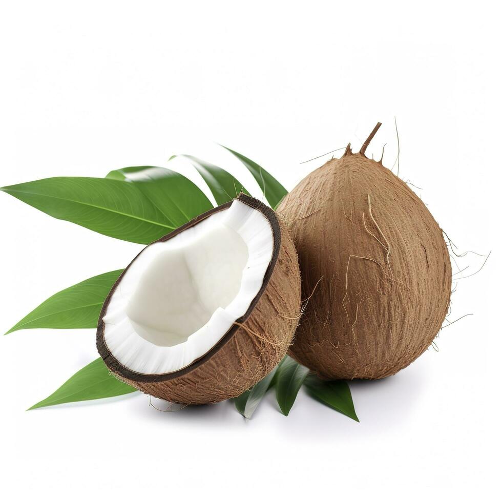 Coconut with half and leaves on white background, generate ai photo