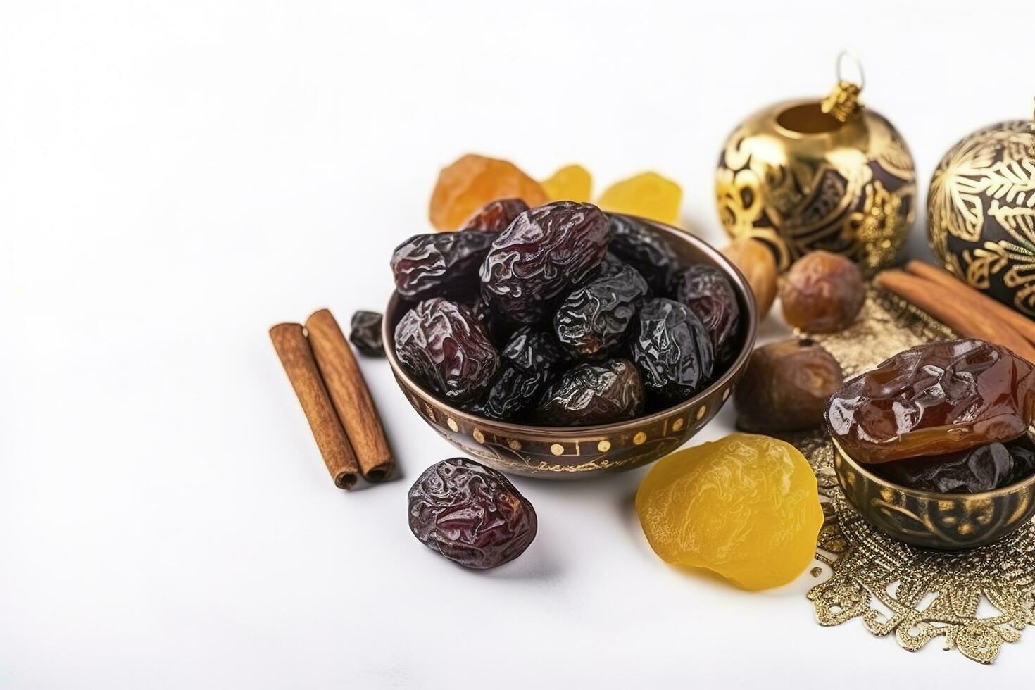 Eid al-Fitr holiday concept with sweet dried dates, fruits and decorations on bright background. Top view from above, generate ai photo