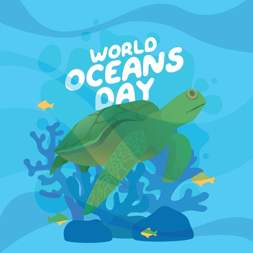 world oceans day design template for celebration. ocean day vector design. ocean illustration with turtle.