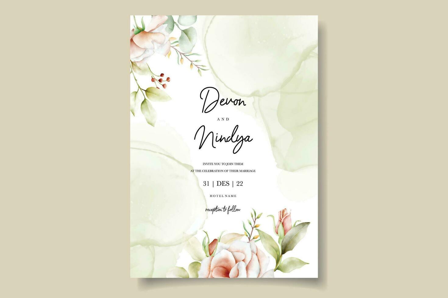 wedding invitation card with beautiful watercolor roses decoration vector