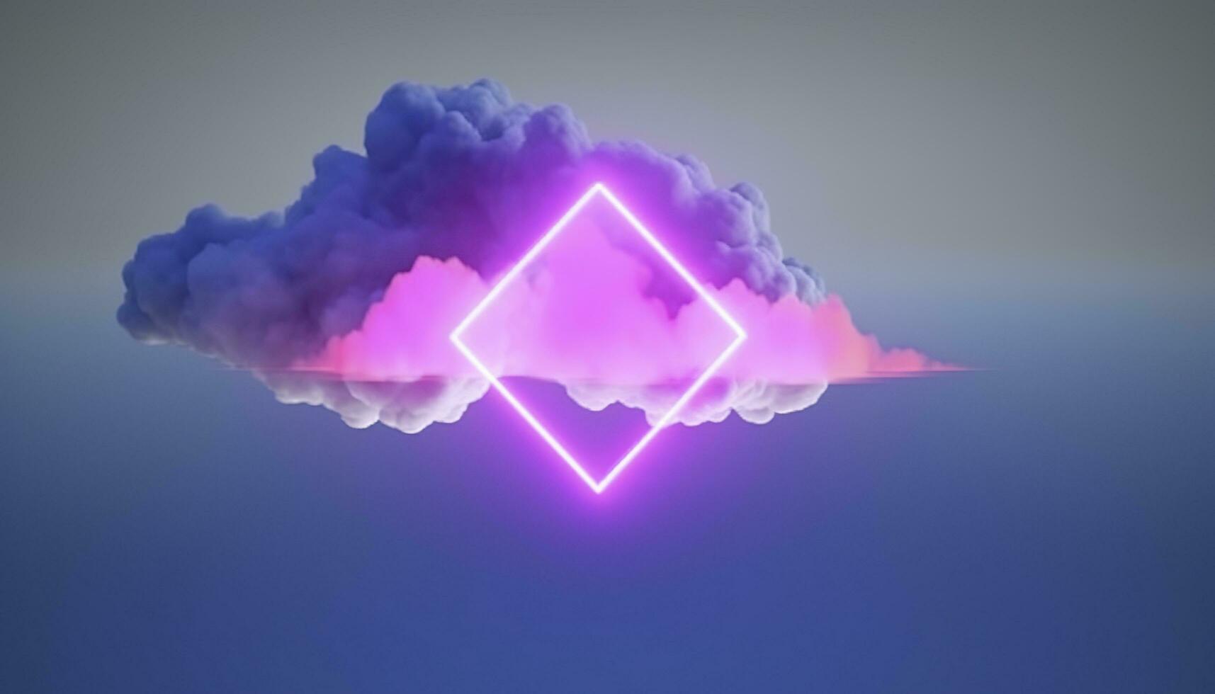 3d render, abstract minimal background with pink blue yellow neon light square frame with copy space, illuminated stormy clouds, glowing geometric shape, generate ai photo