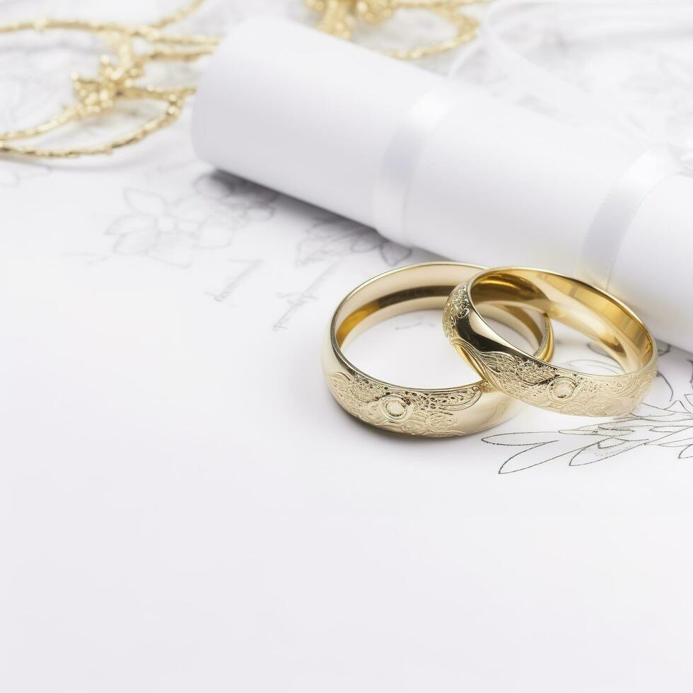Wedding rings on wedding card on a white background, border design panoramic banner., generat ai photo