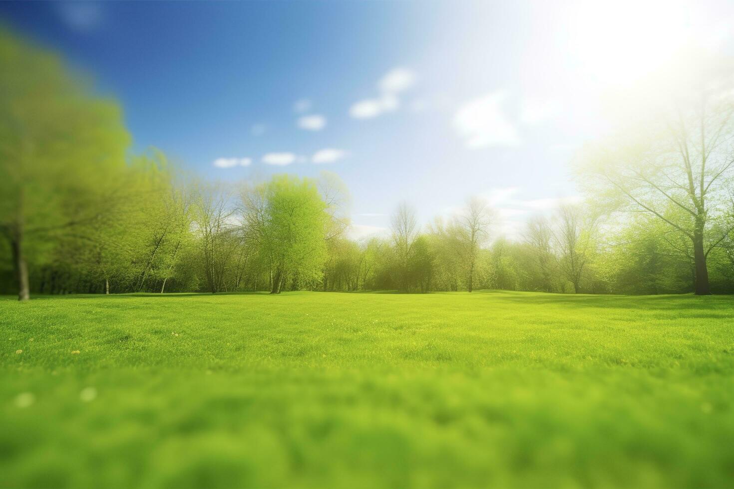 Beautiful blurred background image of spring nature with a neatly trimmed lawn surrounded by trees against a blue sky with clouds on a bright sunny day, generate ai photo